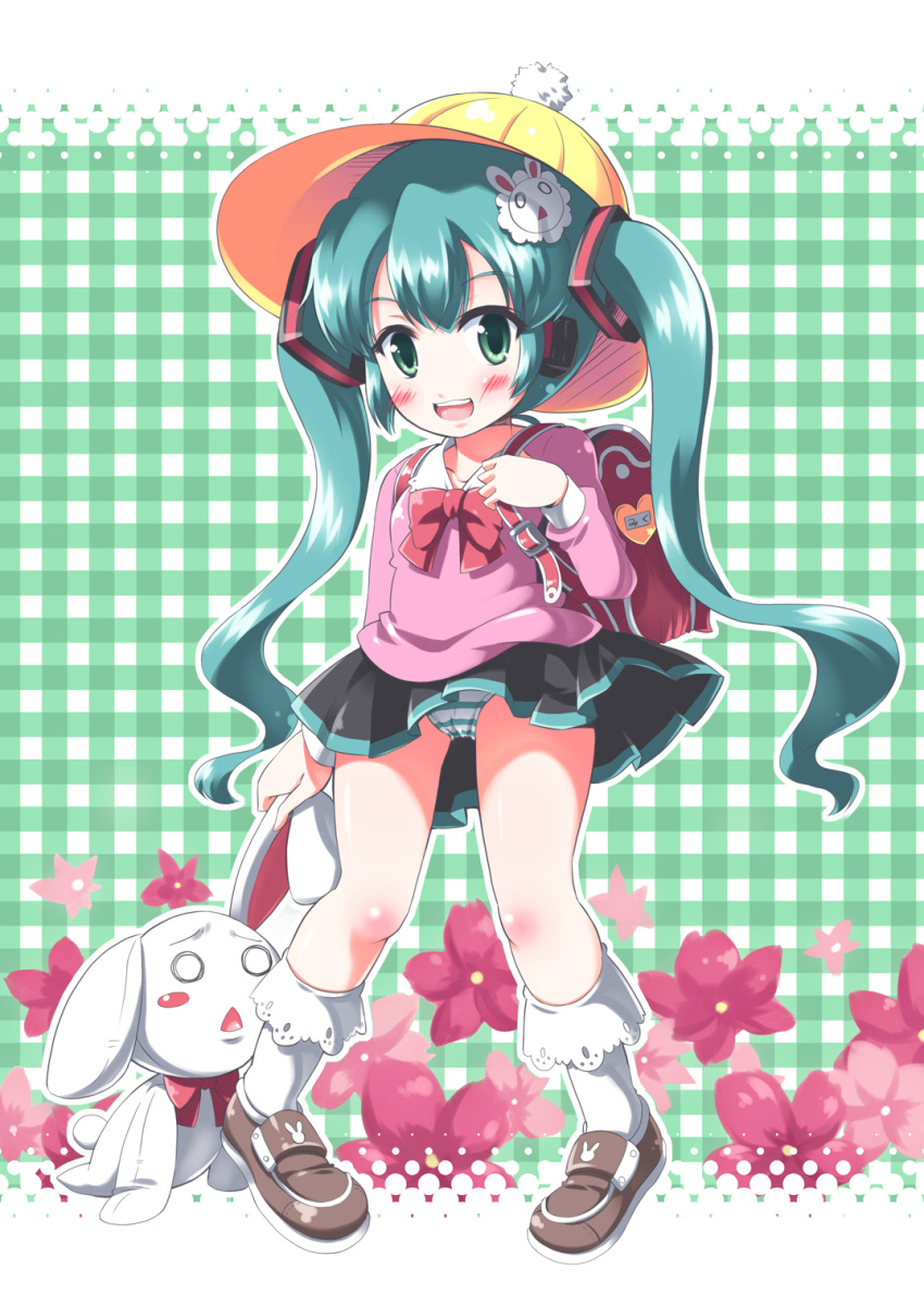 aqua_eyes aqua_hair backpack bad_id bad_pixiv_id bag blush bunny bunny_hair_ornament floral_background flower hair_ornament hat hatsune_miku headphones highres lolicon long_hair morujii panties pantyshot pantyshot_(standing) pigeon-toed plaid plaid_background randoseru school_uniform skirt smile solo standing striped striped_panties stuffed_animal stuffed_bunny stuffed_toy twintails underwear vocaloid white_legwear