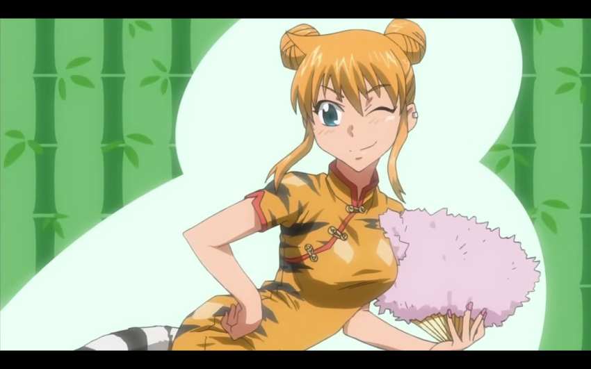 bamboo blonde_hair blush cap china_dress chinadress chinese_clothes fan hyakko kageyama_torako screencap smile tail