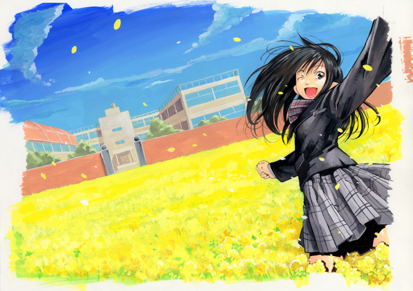 building cloud female female field flower happy honzawa_yuuichirou long_hair metalzigzag nature open_mouth outdoors school school_uniform skirt sky solo wink