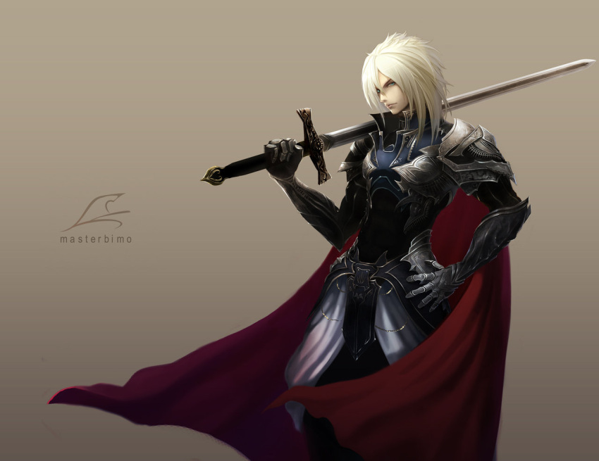 aqua_eyes armor blonde_hair cape gloves gradient gradient_background leon_(sword_world) male male_focus master_bimo short_hair solo sword sword_world tachikawa_mushimaro wallpaper weapon