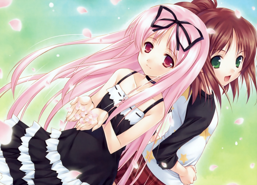 back-to-back brown_hair choker dress flat_chest garden_(game) green_eyes himemiya_ruri hoshino_erika keg long_hair multiple_girls petals pink_hair raglan_sleeves red_eyes short_hair smile