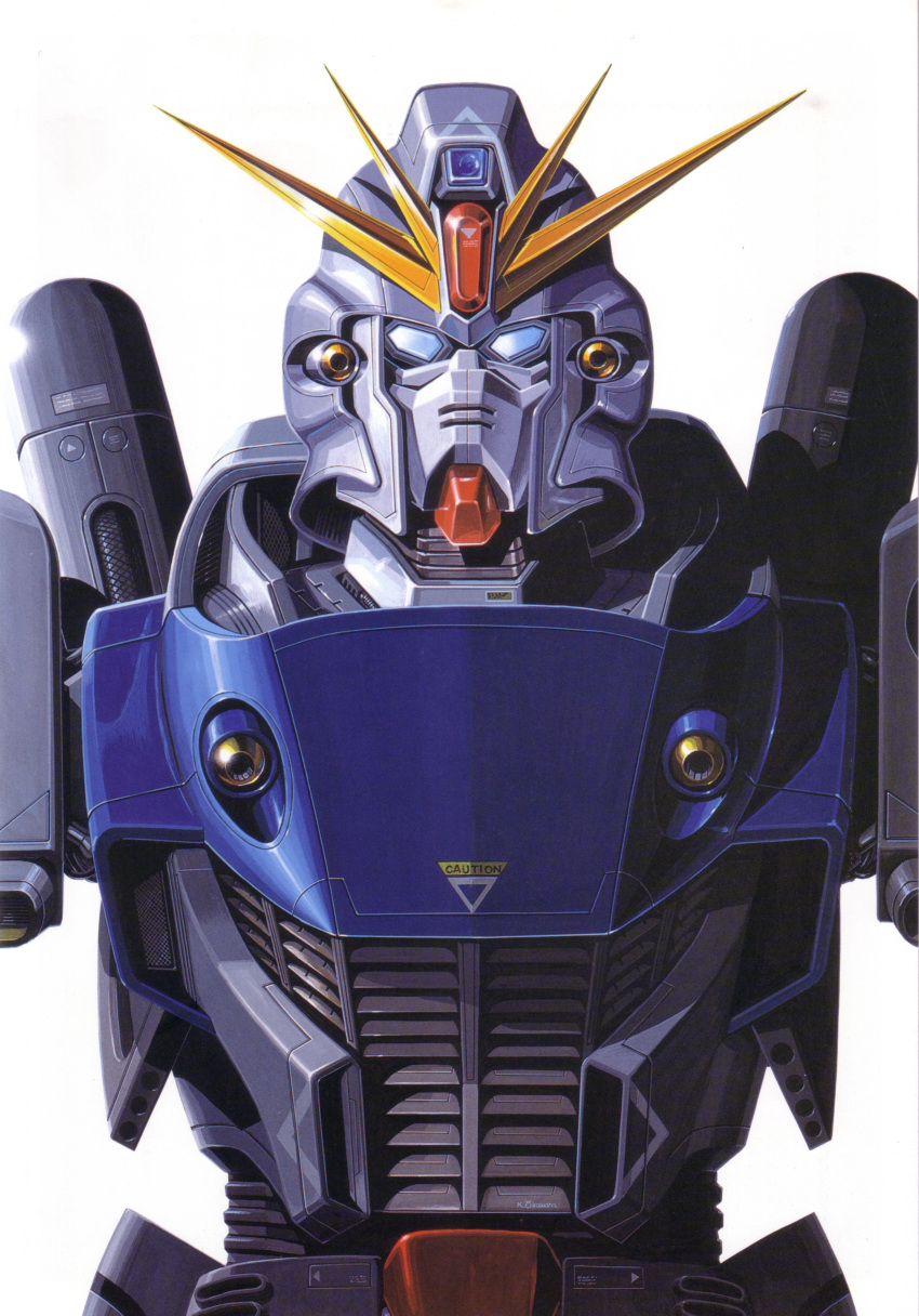 absurdres artist_name blue_eyes english_text f91_gundam gundam gundam_f91 highres looking_at_viewer mecha mecha_focus mobile_suit no_humans ookawara_kunio robot scan scan_artifacts science_fiction solo straight-on upper_body v-fin white_background