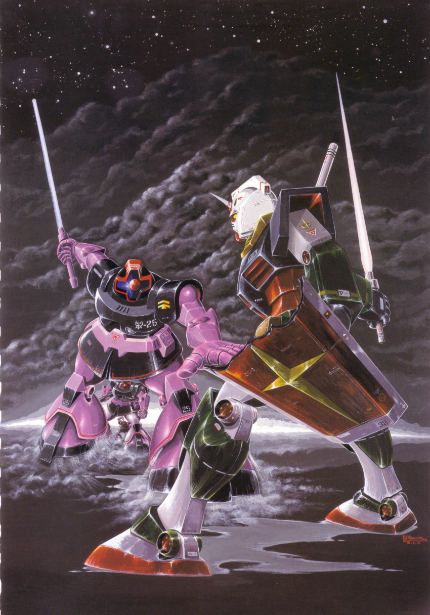 1970s_(style) absurdres battle beam_saber black_tri-stars cloud damaged dom_(mobile_suit) earth_federation energy_sword gundam highres insignia machinery mecha mobile_suit mobile_suit_gundam night no_humans official_art one-eyed ookawara_kunio production_art red_eyes retro_artstyle robot roundel rx-78-2 scan shield signature star_(sky) sword traditional_media weapon zeon