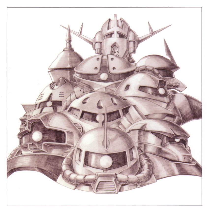 acguy border dom_(mobile_suit) gelgoog gogg gouf greyscale gundam gyan highres horns looking_at_viewer mecha mecha_focus mobile_suit mobile_suit_gundam monochrome no_humans one-eyed ookawara_kunio robot science_fiction simple_background single_horn z'gok zaku_ii_s_char_custom zeong zock