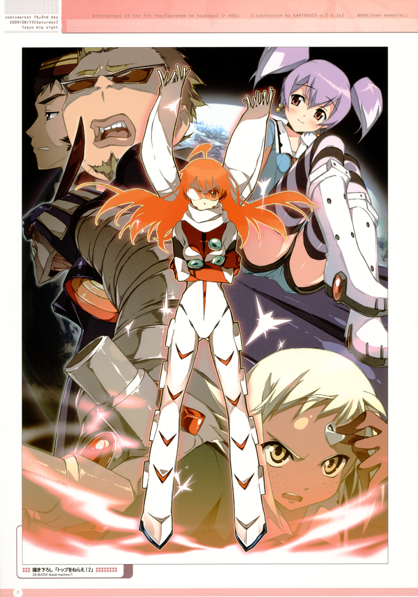 3boys 3girls absurdres ahoge blush bodysuit buster_machine_7 casio_takashirou dark_skin dix-neuf highres kantoku lal'c_mellk_mal long_hair multiple_boys multiple_girls nichola_vacheron nono_(top_wo_nerae_2!) official_art orange_hair purple_hair red_eyes scarf short_hair top_wo_nerae_2! twintails tycho_science white_bodysuit white_hair yellow_eyes