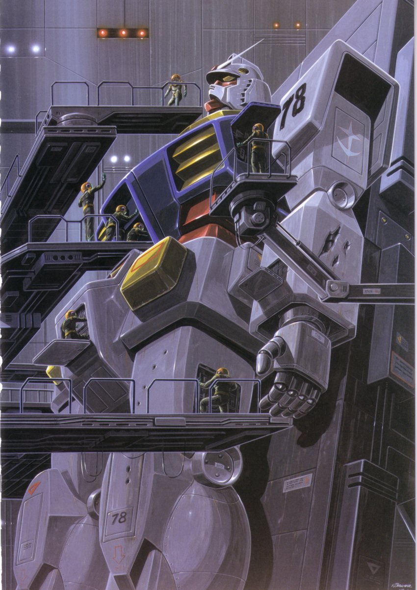 gloves gundam helmet highres mecha mobile_suit_gundam official_art okawara_kunio ookawara_kunio railing rx-78-2