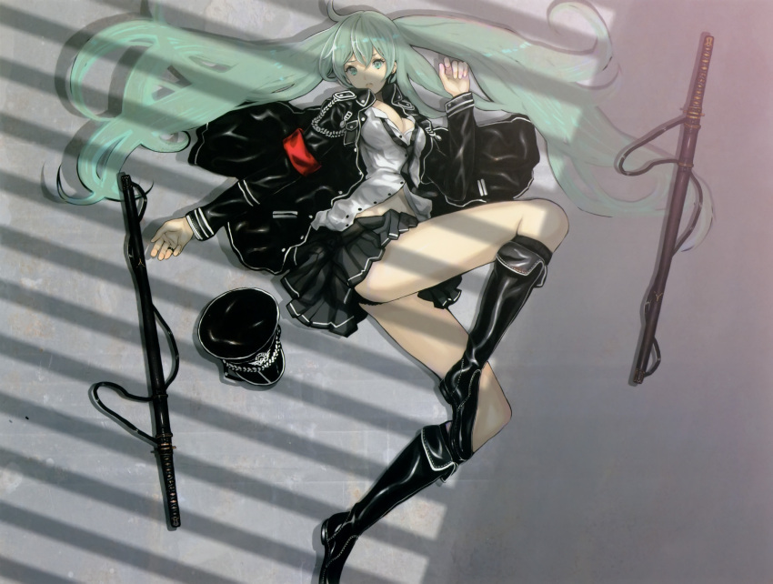 aqua_eyes aqua_hair black_panties boots breasts cleavage female hat hatsune_miku highres knee_boots large_breasts legs long_hair lying military military_uniform necktie on_side open_clothes open_shirt panties peaked_cap saitou_masatsugu sheath sheathed shirt skirt solo twintails unbuttoned underwear uniform very_long_hair vocaloid weapon window_shade