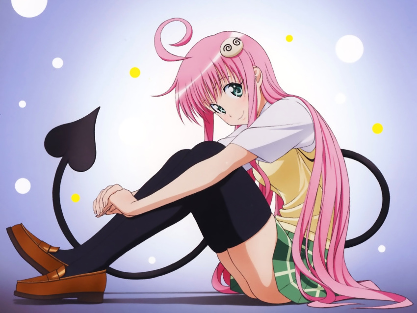 blush female full_body gradient gradient_background green_eyes lala_satalin_deviluke legs long_hair miniskirt no_panties pink_hair school_uniform skirt smile solo to_love-ru toloveru wallpaper