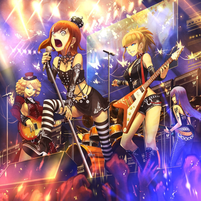 alternate_hairstyle beatrice blonde_hair blue_eyes brown_hair butterfly crown drum_set gaap guitar hat long_hair microphone ronove silver_hair singing smile tatoo tattoo thigh-highs thighhighs umineko_no_naku_koro_ni ushiromiya_maria virgilia