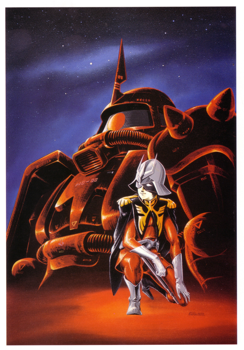 char_aznable gundam helmet highres mask mecha mobile_suit_gundam official_art okawara_kunio ookawara_kunio zaku zaku_ii zaku_ii_s_char_custom