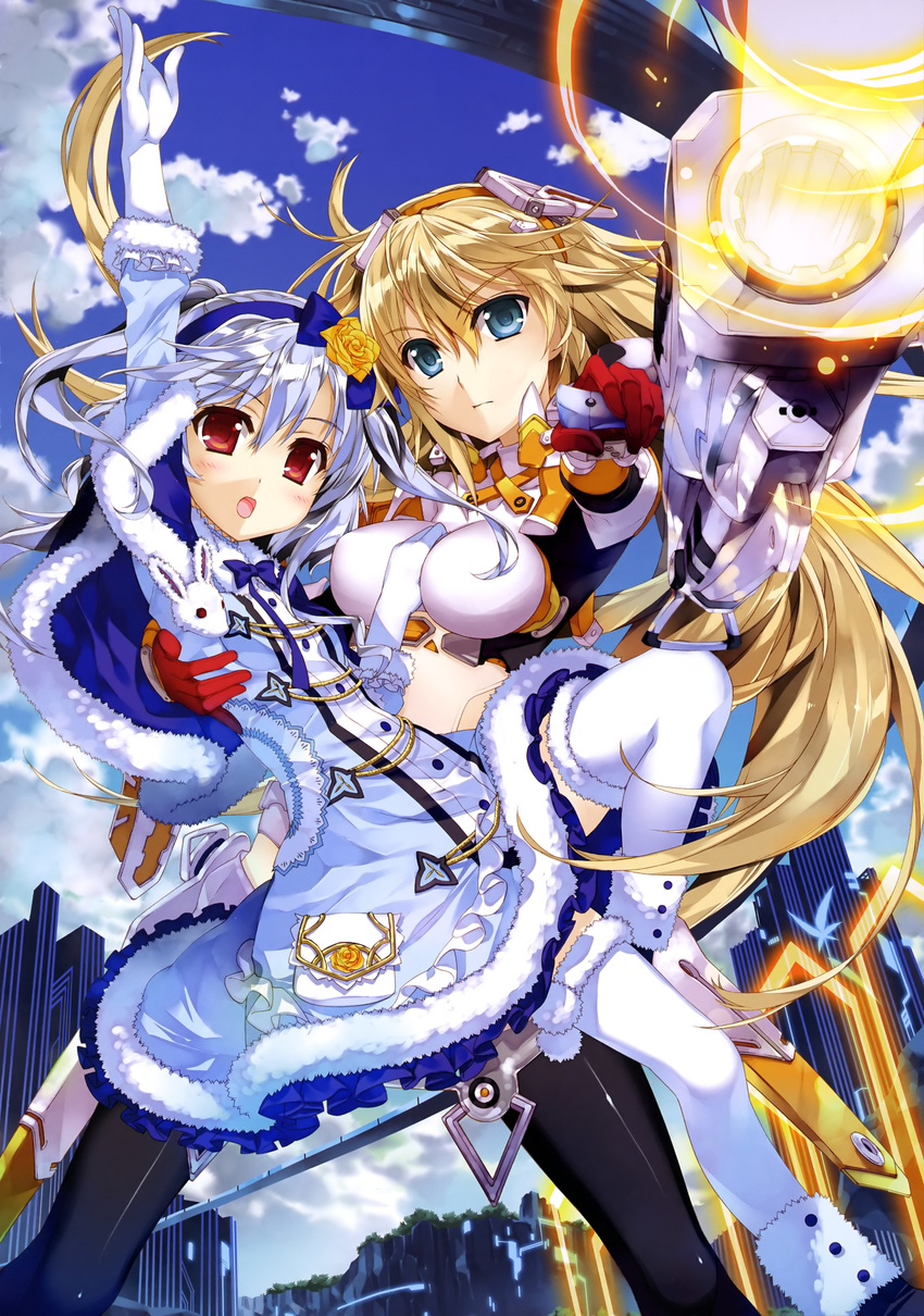 2girls absurdres blonde_hair blue_dress blue_eyes breasts breasts_apart capelet crop_top detached_sleeves dress eyebrows fujima_takuya gloves gun hair_between_eyes hairband highres holding holding_gun holding_weapon kagamihara_azumi leg_up long_hair medium_breasts multiple_girls orange_hairband red_gloves rigel_(z/x) scan thighhighs very_long_hair weapon white_gloves white_legwear z/x