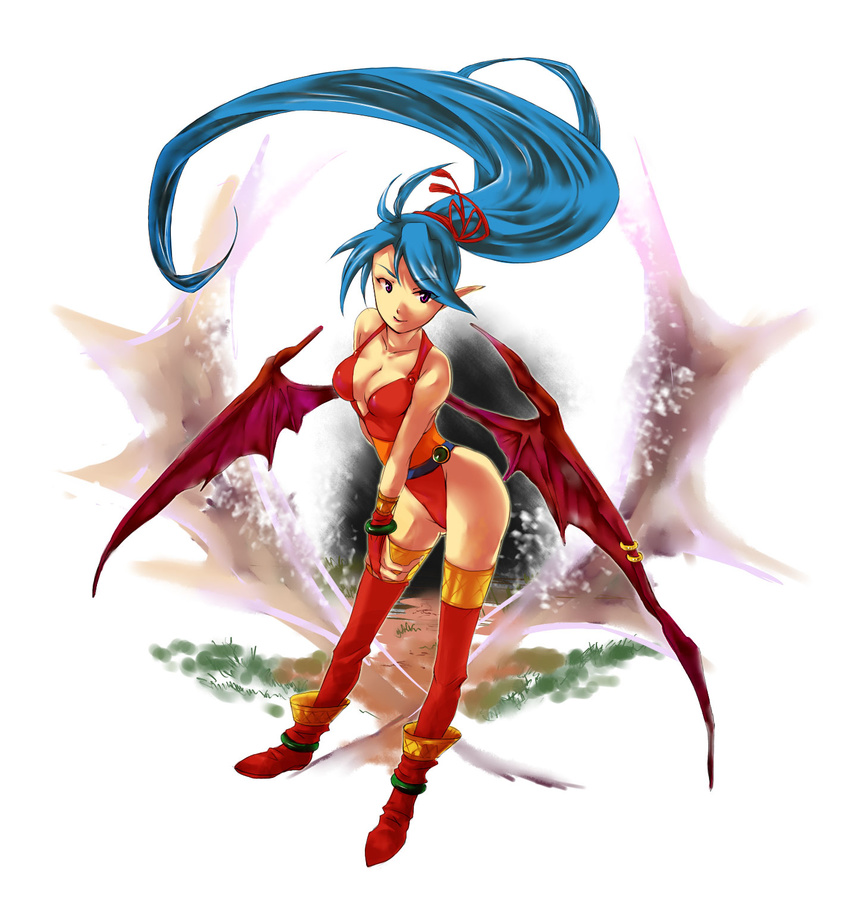 bare_shoulders blue_hair breasts breath_of_fire breath_of_fire_ii collarbone commentary_request dragon_girl dragon_wings female floating_hair full_body green_eyes hair_ribbon highres long_hair medium_breasts nonon_(seiga) patty_the_phantom_thief pointy_ears ponytail red_ribbon ribbon solo thighhighs very_long_hair wings