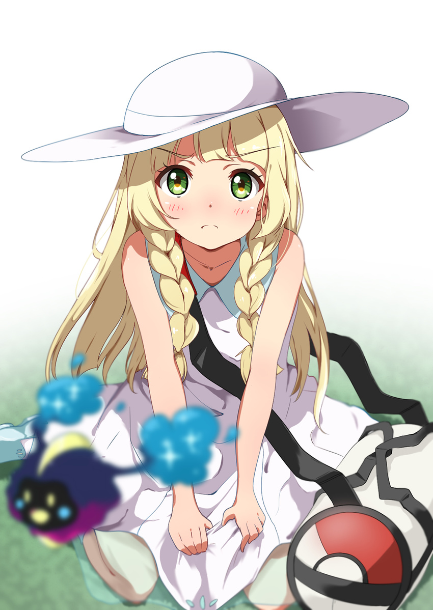 >:( bag bare_arms blonde_hair blurry blurry_foreground blush braid clothes_grab collarbone commentary_request cosmog dress duffel_bag eyebrows female frown green_eyes hat highres kei_(0497) lillie_(pokemon) long_hair pokemon pokemon_(creature) pokemon_sm sleeveless sleeveless_dress sun_hat twin_braids v-shaped_eyebrows v_arms white_dress white_hat