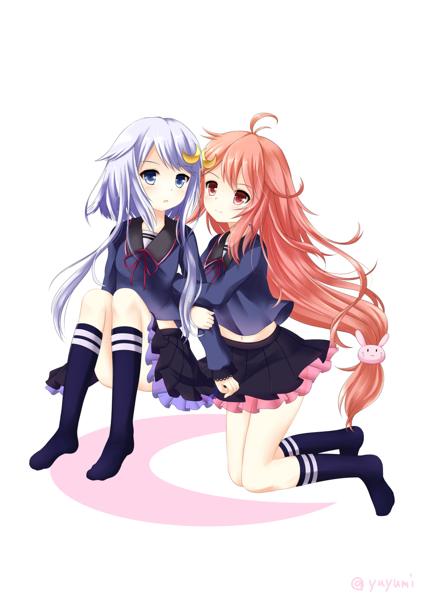 2girls ahoge arm_hug black_serafuku black_skirt black_socks blue_eyes commentary_request crescent crescent_hair_ornament full_body hair_ornament highres kantai_collection kneehighs kneeling long_hair low-tied_long_hair multiple_girls navel neckerchief no_shoes purple_hair red_hair sailor_collar school_uniform serafuku short_hair short_hair_with_long_locks simple_background skirt socks twitter_username uzuki_(kancolle) very_long_hair white_background yayoi_(kancolle) yuyumi_(yuurei)