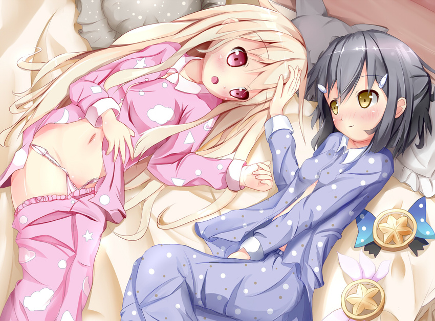 2girls bad_id bad_pixiv_id black_hair blonde_hair blush cloud crescent fate/kaleid_liner_prisma_illya fate_(series) hair_ornament hairclip hand_on_another's_head illyasviel_von_einzbern long_hair lying magical_ruby magical_sapphire miyu_edelfelt multiple_girls natuna_natu navel open_mouth pajamas pajamas_pull panties pillow pink_eyes pink_panties polka_dot print_pajamas short_hair smile star_(symbol) underwear yellow_eyes