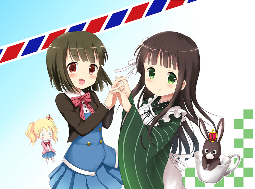 0_0 3girls alice_cartelet ama_usa_an_uniform anko_(gochiusa) black_hair blonde_hair blue_eyes brown_eyes brown_hair commentary_request company_connection crossover crown cup gochuumon_wa_usagi_desu_ka? green_eyes green_hair highres holding_hands interlocked_fingers kin-iro_mosaic long_hair manga_time_kirara moegi_high_school_uniform mug multiple_girls oomiya_shinobu photoshop_(medium) rabbit school_uniform short_hair short_twintails teacup twintails ujimatsu_chiya yuyumi_(yuurei)