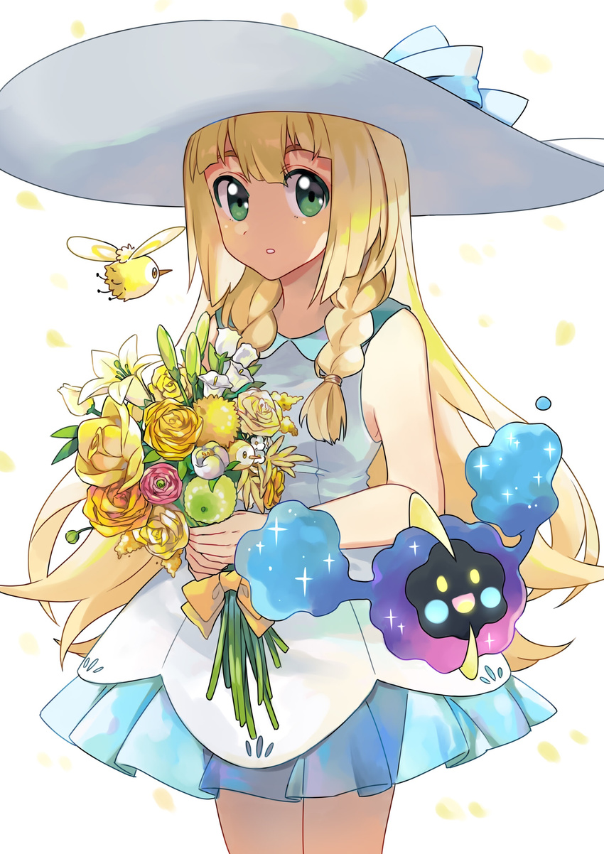 absurdres bad_id bad_pixiv_id bag bouquet braid collared_dress commentary_request cosmog cowboy_shot cutiefly dress duffel_bag female flower hat highres lillie_(pokemon) long_hair platinum_(o0baijin0o) pokemon pokemon_(creature) pokemon_sm selene_(pokemon) sleeveless sun_hat sundress twin_braids white_dress white_hat