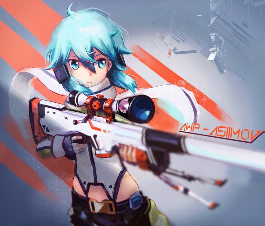 ahoge ai_arctic_warfare aqua_eyes aqua_hair bad_id bad_pixiv_id belt blurry bolt_action counter-strike counter-strike_(series) counter-strike_2 female fingerless_gloves frown gloves gun gun_decal hair_ornament hairclip holding holding_weapon messy_hair qosic rifle scarf short_hair sinon sniper_rifle solo sword_art_online twintails weapon