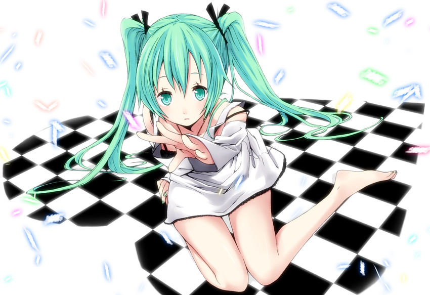 aqua_eyes aqua_hair bad_id bad_pixiv_id barefoot chika_(orange_pop) female hatsune_miku long_hair outstretched_hand solo twintails very_long_hair vocaloid