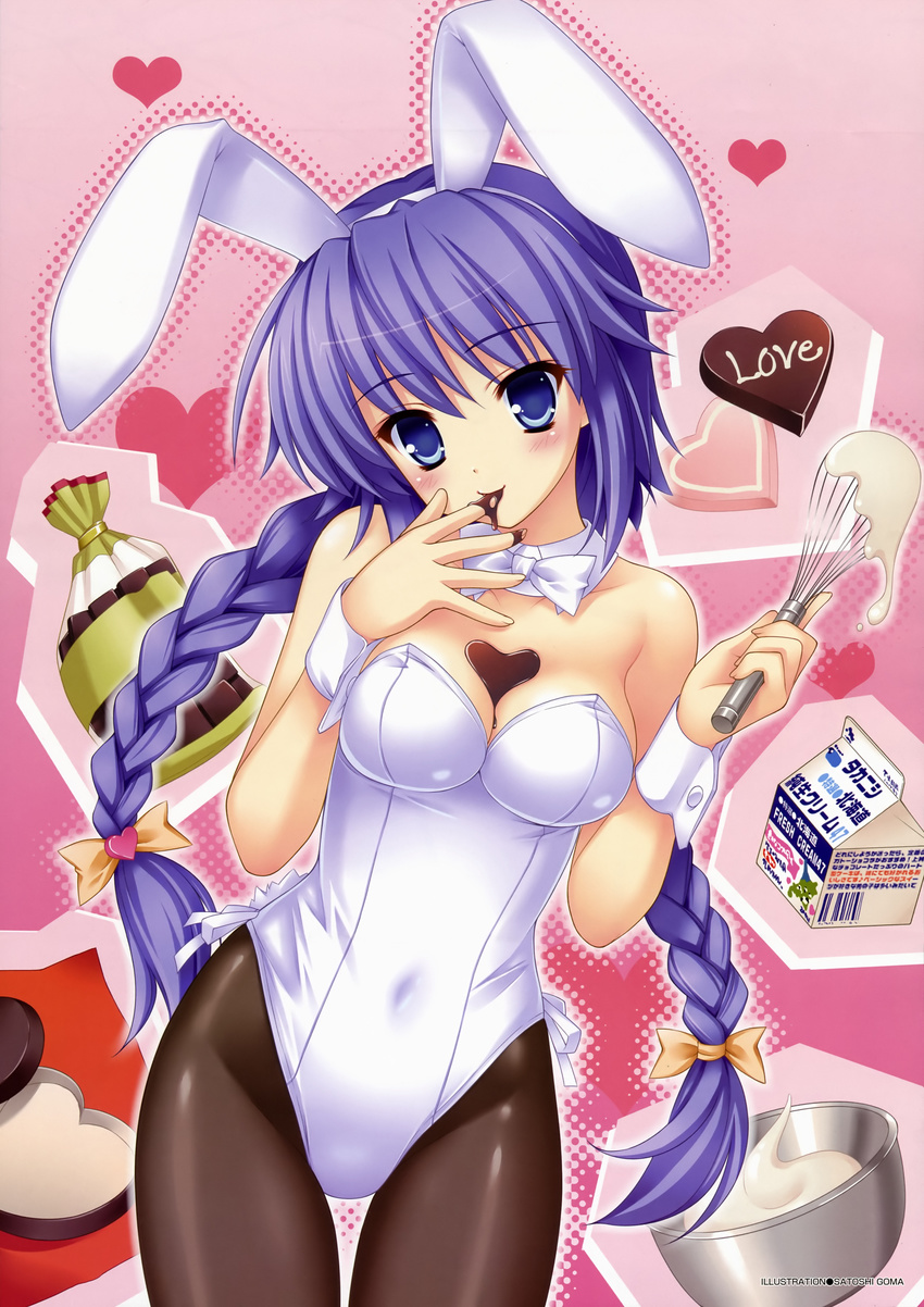 absurdres animal_ears blue_eyes braid chocolate copyright_request cream female goma_satoshi highres long_hair pantyhose playboy_bunny purple_hair rabbit_ears solo twin_braids whisk