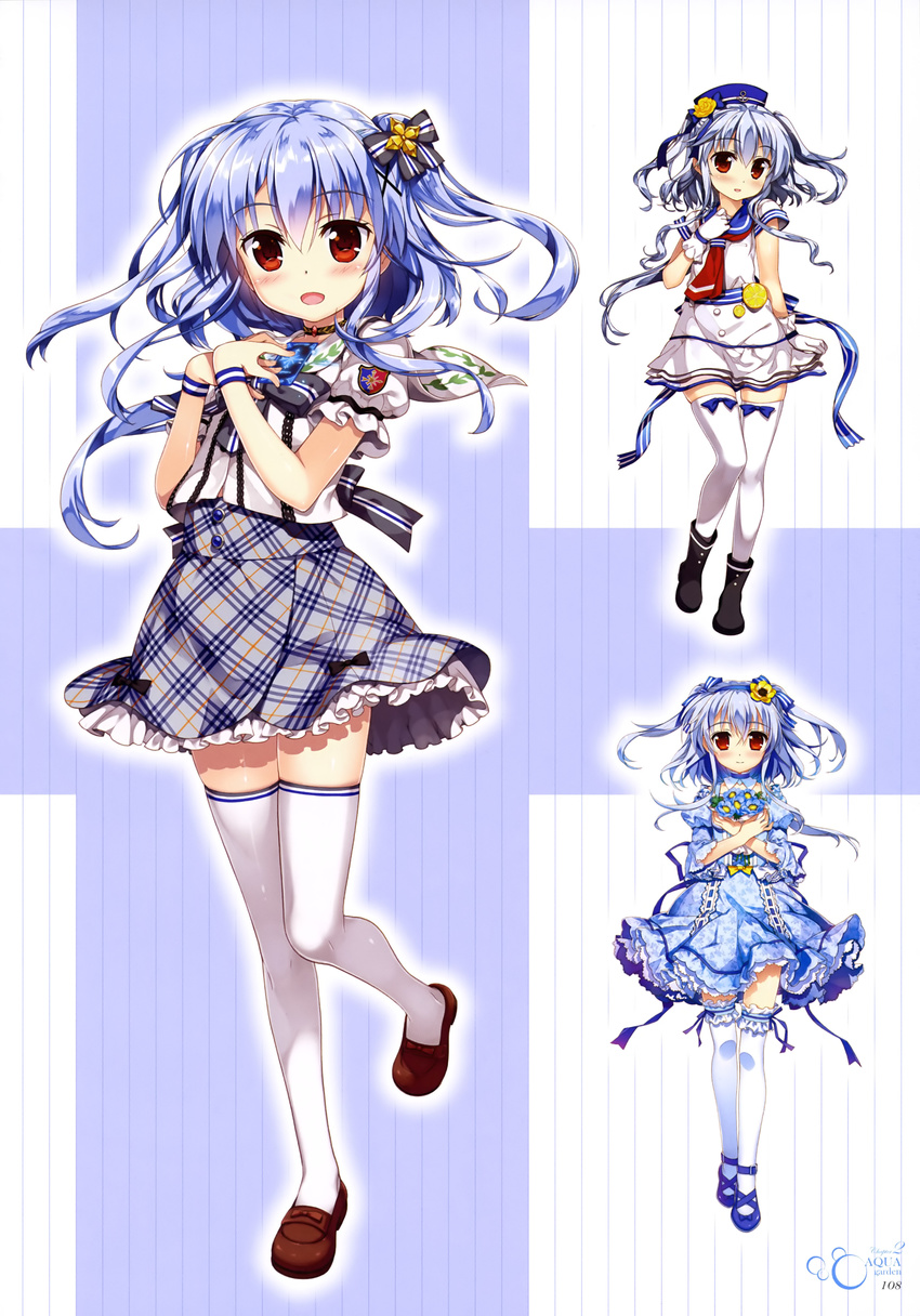 absurdres anemone_(flower) black_bow blue_dress blue_hair blue_hat boots bouquet bow bow_legwear card choker dress eyebrows female flower food frilled_legwear fruit fujima_takuya gloves grey_hair grey_skirt hair_between_eyes hair_flower hair_ornament hair_ribbon hairband hat highres holding holding_bouquet holding_card kagamihara_azumi leg_up long_hair long_sleeves looking_at_viewer multiple_views one_side_up open_mouth orange_(fruit) orange_slice petticoat plaid plaid_skirt puffy_short_sleeves puffy_sleeves red_eyes ribbon ribbon-trimmed_clothes ribbon_trim rose scan school_uniform serafuku shirt shoes short_sleeves skirt smile standing standing_on_one_leg striped striped_ribbon thighhighs two_side_up white_gloves white_legwear wrist_ribbon yellow_flower yellow_rose z/x zettai_ryouiki