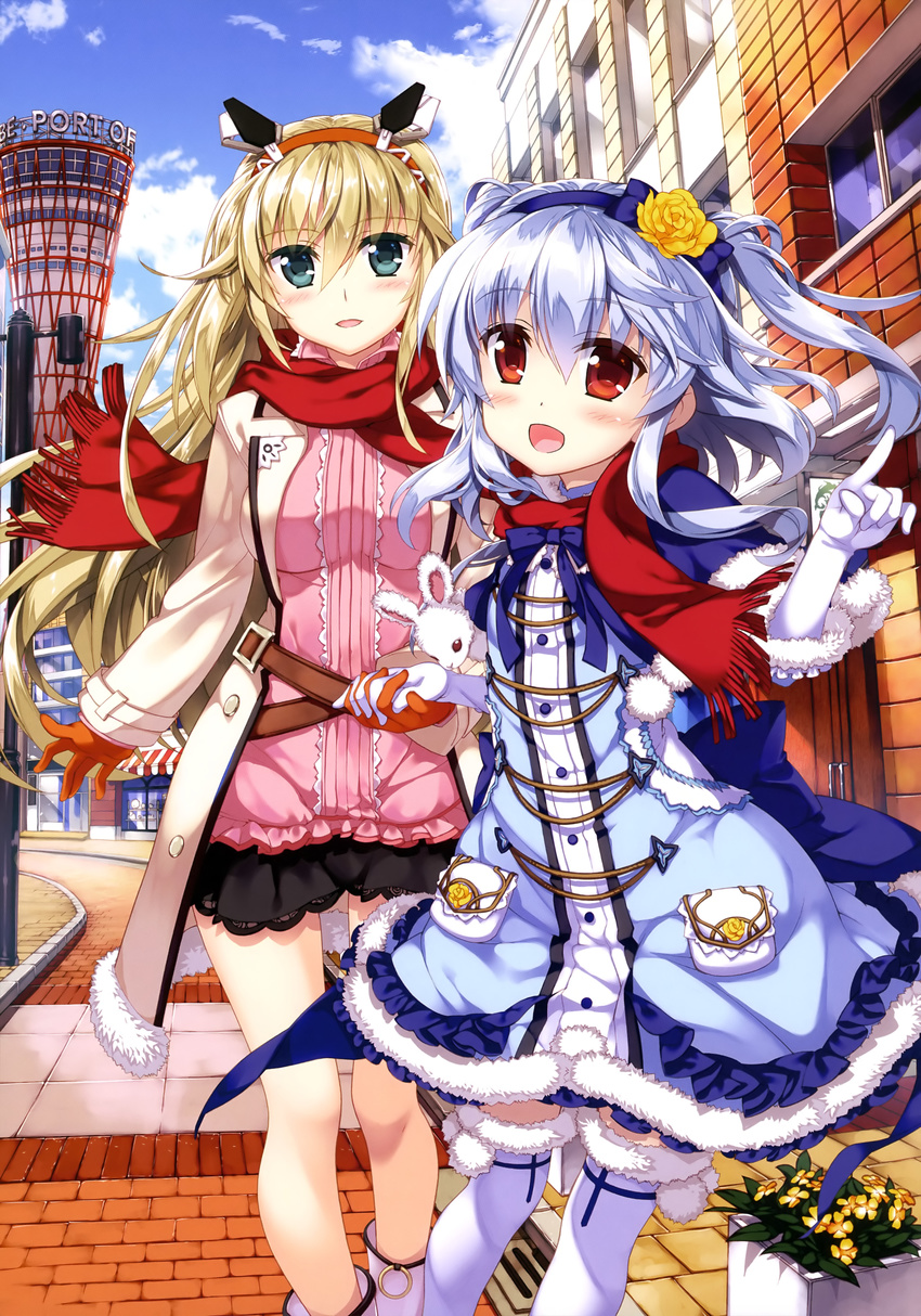 2girls :d absurdres animal_ears aqua_eyes black_skirt blonde_hair blue_bow blue_ribbon boots bow breasts capelet cat_tail city cloud coat day dress elbow_gloves eyebrows feet_out_of_frame flower frills fringe_trim fujima_takuya fur-trimmed_capelet fur-trimmed_coat fur-trimmed_legwear fur_trim gloves grey_hair hair_between_eyes hair_flower hair_ornament hairband highres holding_hands index_finger_raised interlocked_fingers kagamihara_azumi long_hair looking_at_viewer lying medium_breasts miniskirt multiple_girls neck_ribbon on_side open_mouth orange_gloves orange_hairband outdoors pink_shirt pocket pointing pom_pom_(clothes) rabbit_ears red_eyes red_scarf ribbon rigel_(z/x) road rose scan scarf shared_clothes shared_scarf shirt skirt sky smile standing street tail thighhighs white_gloves white_legwear yellow_flower yellow_rose z/x