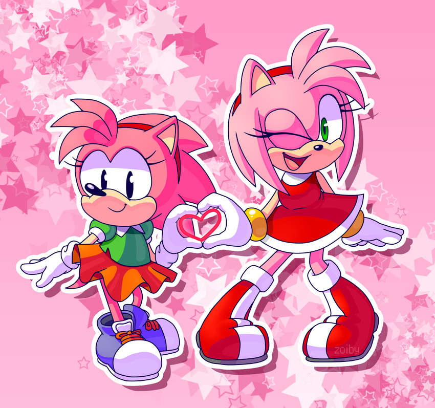 accessory amy_rose anthro black_nose boots classic_amy_rose classic_sonic_(universe) clothing collaborative collaborative_gesture collaborative_hand_heart dress duo eulipotyphlan female footwear gesture gloves green_eyes hair_accessory hairband hand_heart handwear heart_symbol hedgehog hi_res mammal one_eye_closed sega smile sonic_the_hedgehog_(series) square_crossover wink zoiby