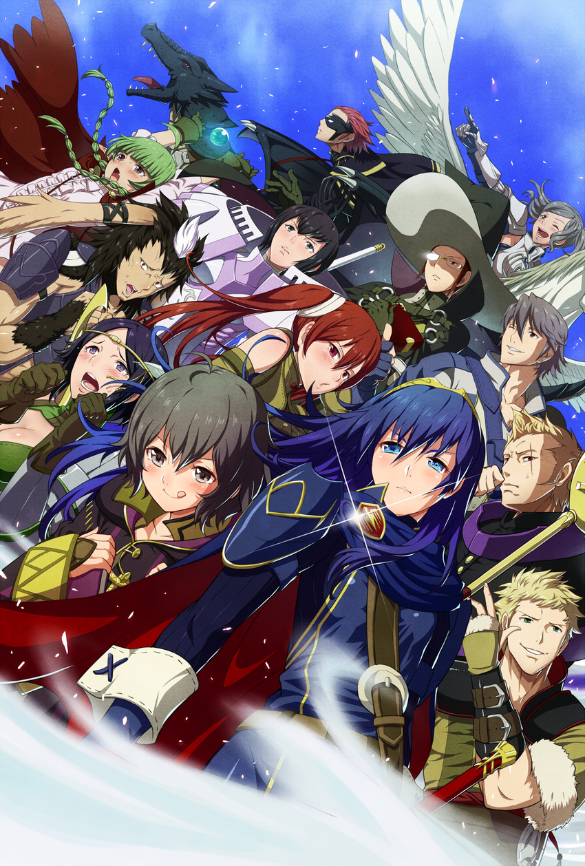 6+boys 6+girls :d absurdres animal_ears annotated armor bad_id bad_pixiv_id black_hair blonde_hair blue_eyes blue_hair blush book brady_(fire_emblem) braid breasts brown_eyes brown_hair cape circlet cleavage crying cynthia_(fire_emblem) dark_skin dragon everyone falchion_(fire_emblem) fingerless_gloves fire_emblem fire_emblem_awakening fur_trim gauntlets gerome_(fire_emblem) glasses gloves green_eyes green_hair grey_hair hat highres inigo_(fire_emblem) kjelle_(fire_emblem) large_breasts laurent_(fire_emblem) long_hair lucina_(fire_emblem) male_playboy_bunny mask matanonki minerva_(fire_emblem_awakening) morgan_(female)_(fire_emblem) morgan_(fire_emblem) multiple_boys multiple_girls nah_(fire_emblem) noire_(fire_emblem) one_eye_closed open_mouth orb owain_(fire_emblem) pegasus pointing pointy_ears polearm purple_eyes purple_hair rabbit_ears red_eyes red_hair robe scar severa_(fire_emblem) short_hair short_twintails side_braid smile sparkle staff sweatdrop sword symbol-shaped_pupils tears tongue twin_braids twintails weapon wings witch_hat yarne_(fire_emblem)