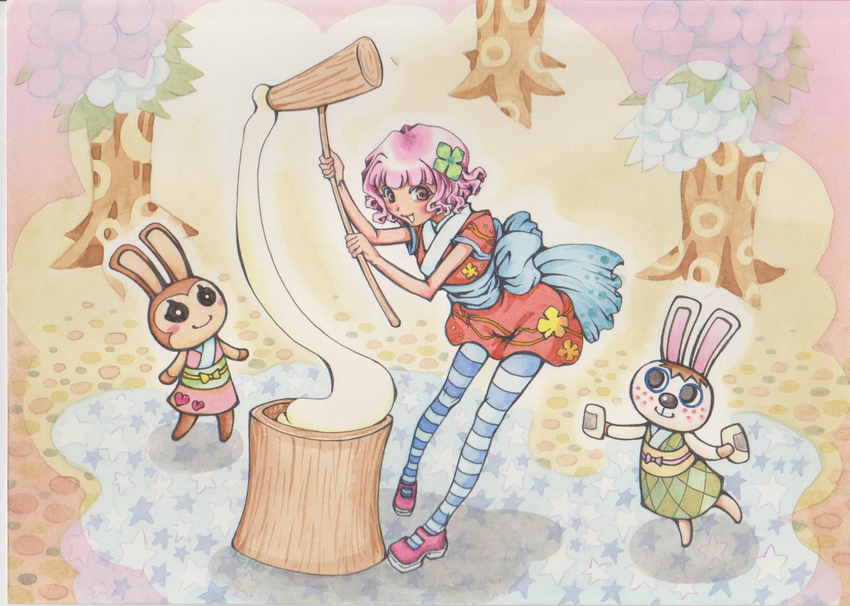 animal_crossing black_eyes blush brown_eyes brown_hair bunnie bunny clover doubutsu_no_mori food four-leaf_clover freckles gabi human mallet mochi nintendo pink_hair player_1 rabbit snow tail tree trees villager_(doubutsu_no_mori) wagashi