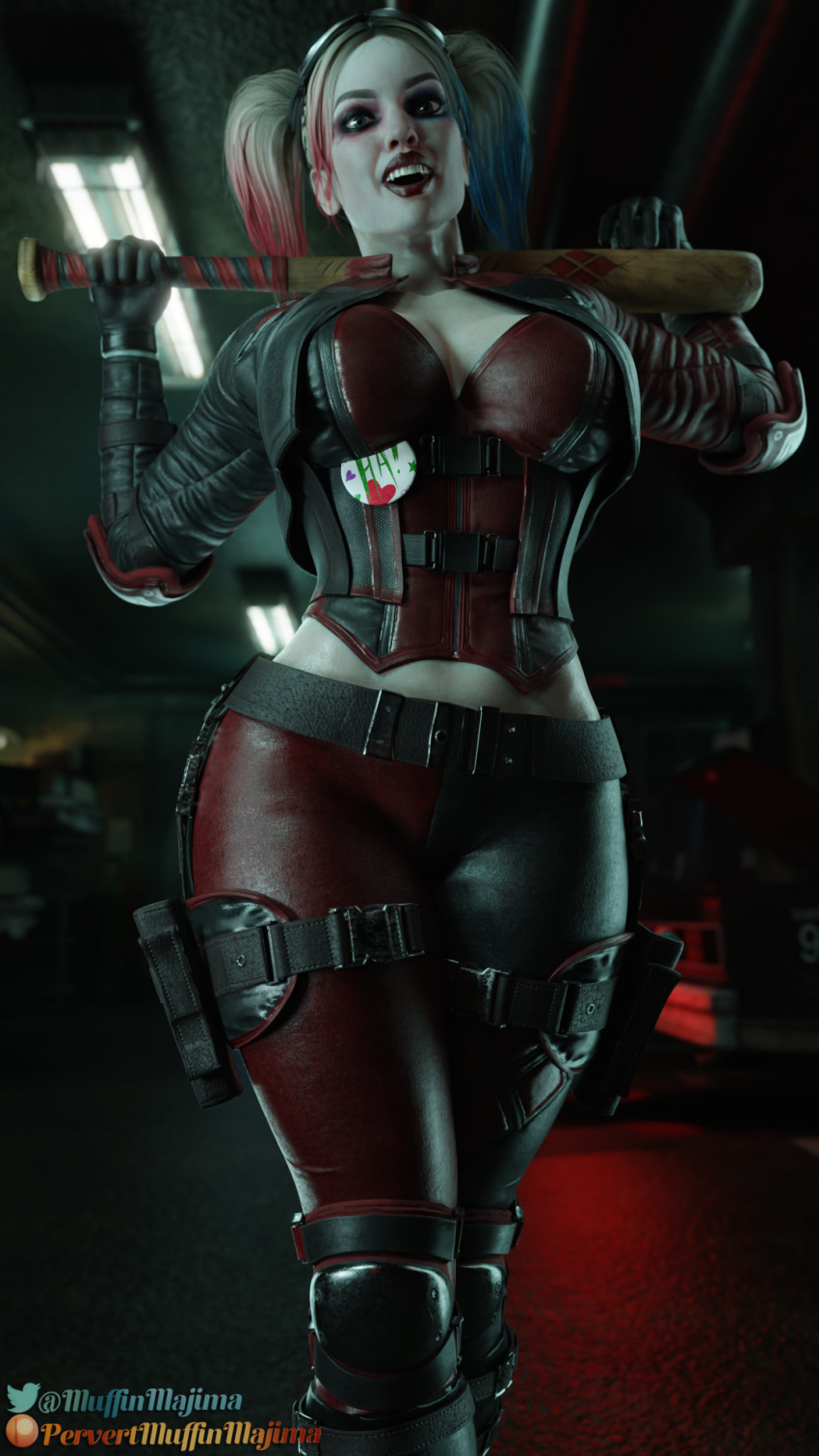 1girls 3d 3d_(artwork) baseball_bat batman_(series) big_breasts blonde_hair blue_eyes busty curvaceous curvy curvy_figure dat_ass dc dc_comics digital_media_(artwork) eyebrows eyelashes eyes female female_only fully_clothed harley_quinn harley_quinn_(injustice) hourglass_figure injustice_2 multicolored_hair pale-skinned_female pale_skin pervertmuffinmajima pin_button solo tagme wide_hips