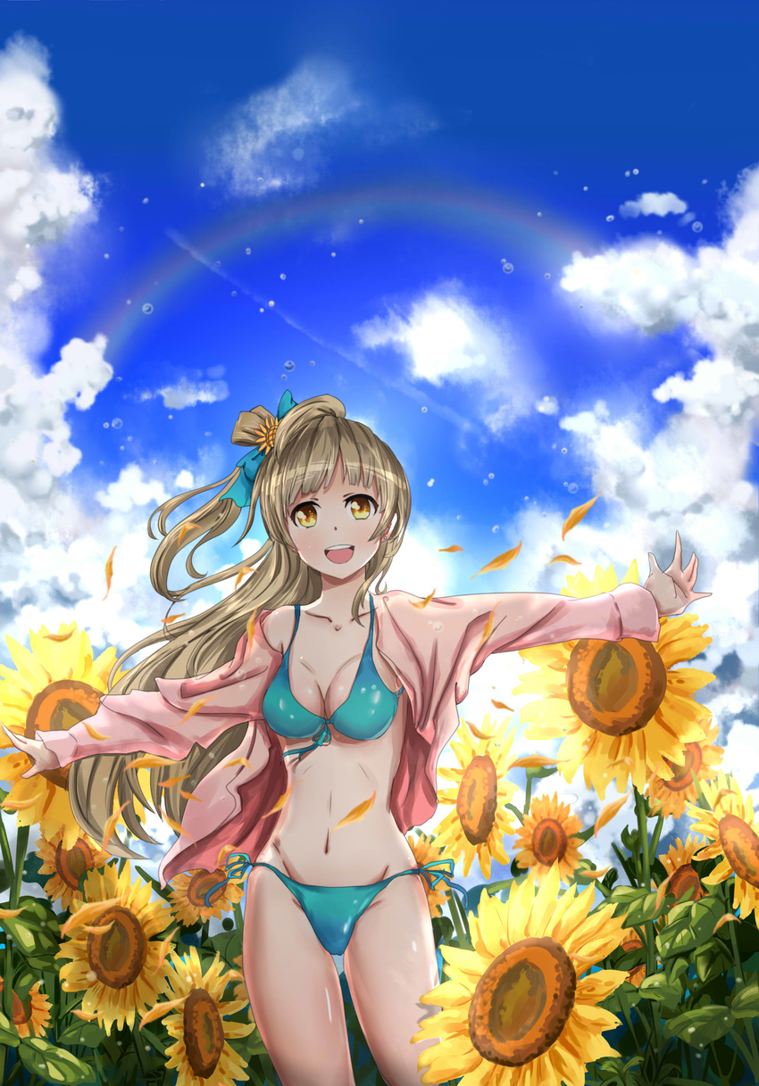 absurdres akatsukiame bikini brown_eyes brown_hair commentary_request female flower green_bikini highres jacket long_hair love_live! love_live!_school_idol_project minami_kotori outdoors outstretched_arms rainbow spread_arms sunflower swimsuit