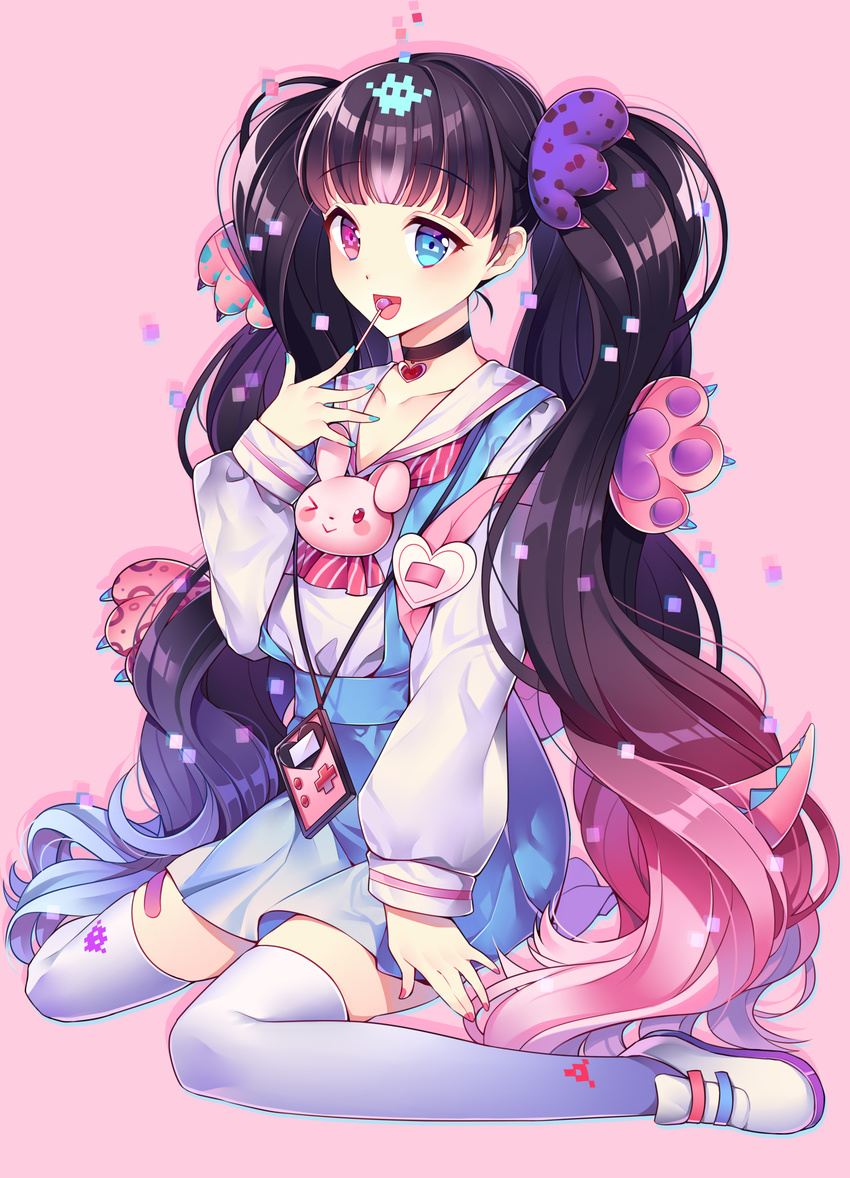 absurdres animal_hands bad_id bad_pixiv_id black_hair blue_eyes blue_hair candy choker chupa_chups claws female food hair_ornament heterochromia highres lollipop long_hair long_sleeves mahou_shoujo_ikusei_keikaku mahou_shoujo_ikusei_keikaku_aces may_(2747513627) multicolored_hair nakano_sorami purple_eyes purple_hair sailor_collar solo thighhighs twintails