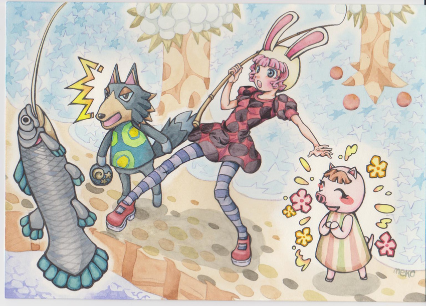 animal_crossing animal_ears brown_hair bunny_ears coelacanth doubutsu_no_mori fish fishing_rod lucy lucy_(animal_crossing) nintendo pig pink_hair player_1 villager_(doubutsu_no_mori) wolf wolfgang