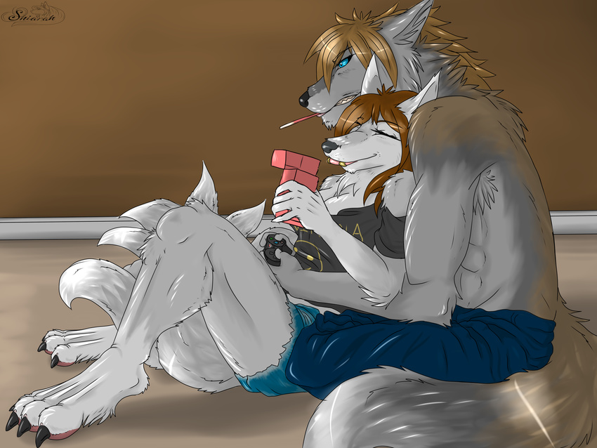 2015 4:3 4_toes abs absurd_res anthro biceps big_tail blue_eyes brown_hair canid canine canis claws clenched_teeth closed_eyes clothed clothing cuddling digital_media_(artwork) duo eating facial_piercing feet female fluffy fluffy_tail food fox fur gaming grey_body grey_fur hair hi_res inside lip_piercing male mammal on_ground paws piercing pocky romantic romantic_couple shiarah side_view sitting snakebite_piercing tail teeth toe_claws toes topless watermark white_body white_fur wolf