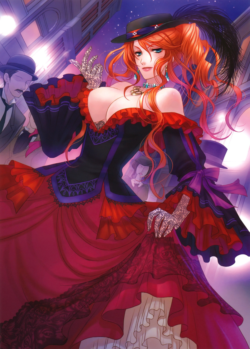 absurdres amazio_komeko bare_shoulders breasts cleavage copyright_request dress earrings feathers female gloves hat highres jewelry large_breasts necklace red_hair solo_focus victorian