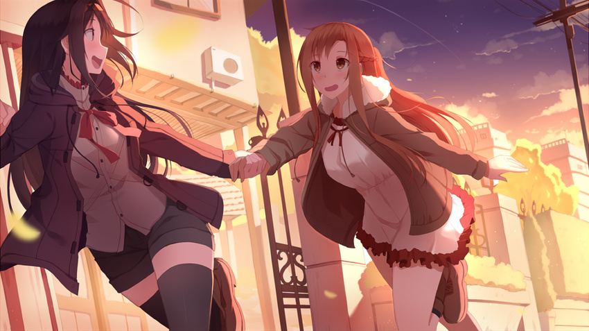 2girls asuna_(sao) black_hair black_legwear black_shorts boots bow bowtie braid brown_footwear buttons commentary_request dress dutch_angle evening fence fur-trimmed_jacket fur_trim half_updo holding_hands hood hooded_jacket jacket konno_yuuki_(sao) long_hair long_sleeves multiple_girls open_mouth orange_eyes orange_hair power_lines red_bow red_bowtie riki-to running shirt shorts sidelocks smile sword_art_online thighhighs utility_pole white_dress white_shirt