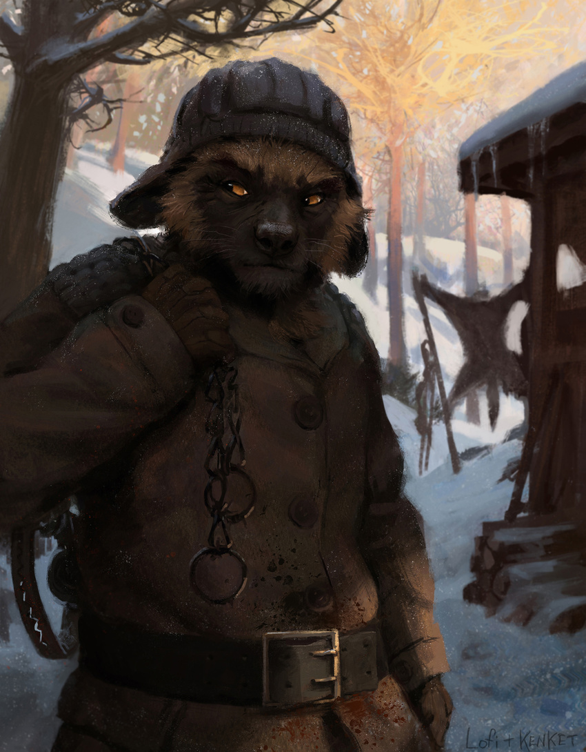 2015 anthro bear_trap belt biped black_nose brown_body brown_fur brown_sclera chains clothed clothing coat detailed detailed_background digital_media_(artwork) digital_painting_(artwork) forest front_view fur gloves gulonine handwear hat hax_(artist) headgear headwear hi_res humanoid_hands hunter kenket lofi male mammal mustelid musteline outside plant snow solo standing topwear trap_(contrivance) tree winter wolverine