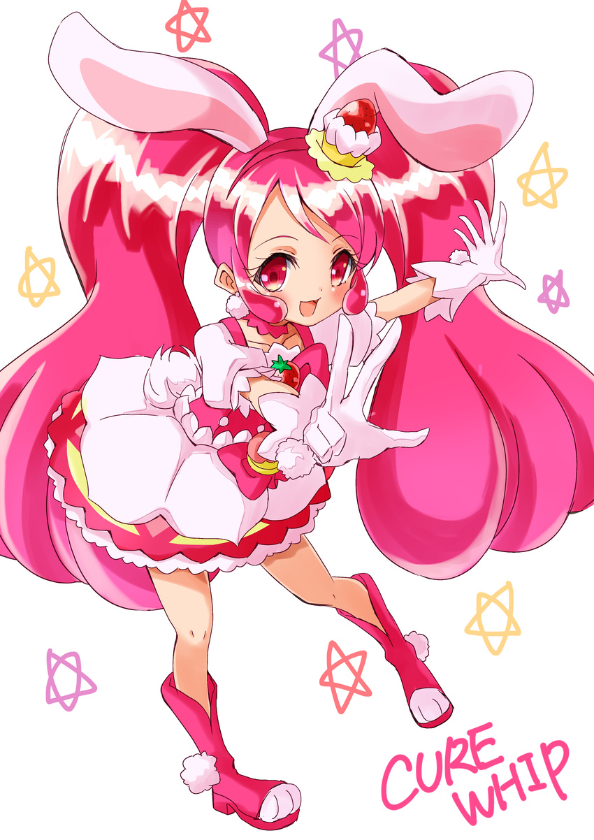 absurdres animal_ears bad_id bad_pixiv_id bow bowtie cake_hair_ornament character_name choker cure_whip dress earrings extra_ears female food-themed_hair_ornament full_body gloves hair_ornament hairband highres jewelry kirakira_precure_a_la_mode long_hair magical_girl pink_bow pink_bowtie pink_choker pink_footwear pink_hair pink_hairband pom_pom_(clothes) pom_pom_earrings precure rabbit_tail red_eyes shoes simple_background smile solo soraryu_saworu star_(symbol) tail twintails usami_ichika v white_background white_dress white_gloves