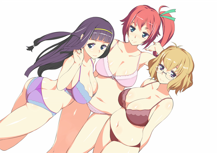 3girls aqua_eyes arms_behind_back ass belly black_hair blonde_hair blue_eyes bra breasts cleavage colored_eyelashes commentary_request curvy from_behind large_breasts light_smile lips long_hair mole mole_under_eye multiple_girls navel original pink_bra ponytail purple_bra red_hair ruffling_hair ryuuta_(msxtr) short_hair side_ponytail smile stomach swimsuit underwear zettai_anji_marionette