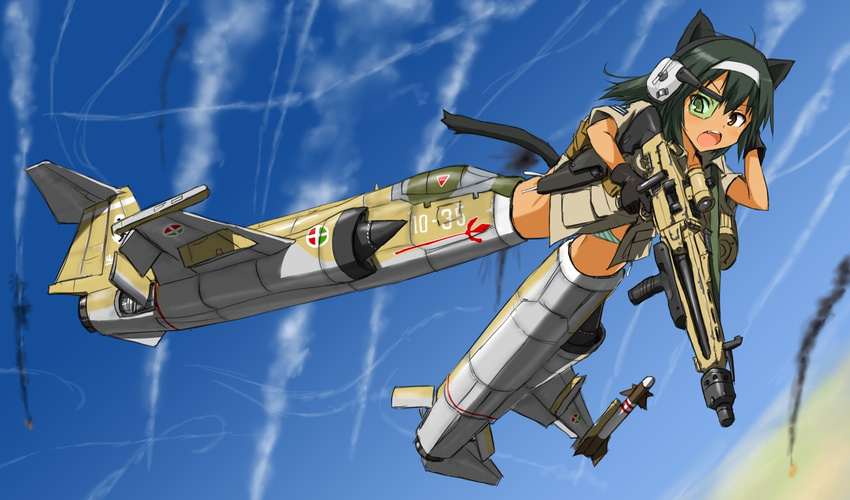 adapted_uniform animal_ears bad_id bad_pixiv_id black_hair brown_eyes camouflage cat_ears cat_girl cat_tail commentary contrail dakku_(ogitsune) dark-skinned_female dark_skin day drum_magazine f-104_starfighter female flying full_body gun heads-up_display holster machine_gun magazine_(weapon) mg3 mg42 missile open_mouth original panties photoshop_(medium) scope scouter smoke solo strike_witches_1991 striker_unit striped_clothes striped_panties tail underwear uniform vertical_foregrip weapon world_witches_series