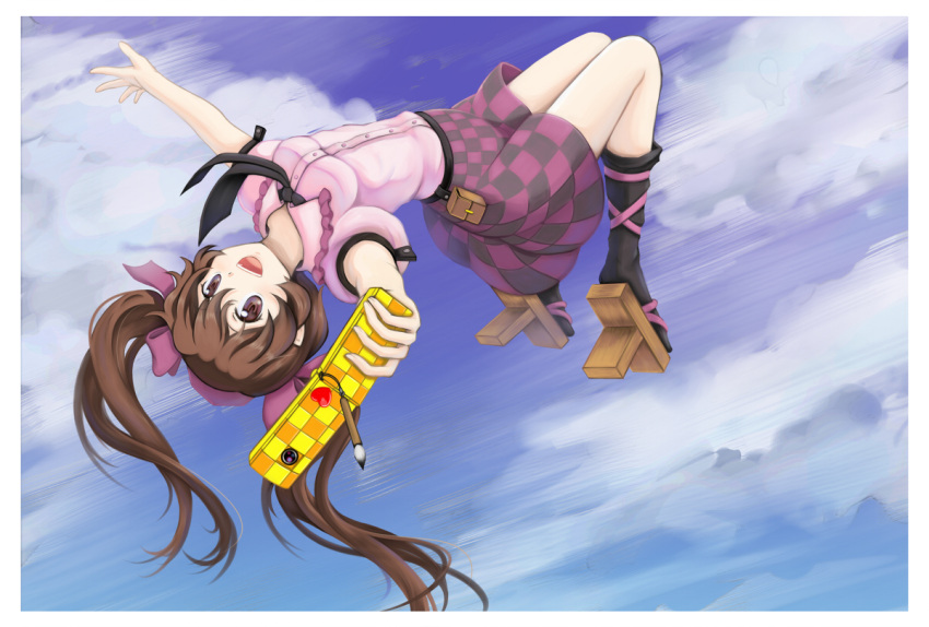 bow brown_eyes brown_hair cellphone checkered_clothes checkered_skirt cloud commentary_request day dress_shirt female flying geta hairbow himekaidou_hatate necktie phone qontamblue shirt skirt sky socks solo touhou twintails