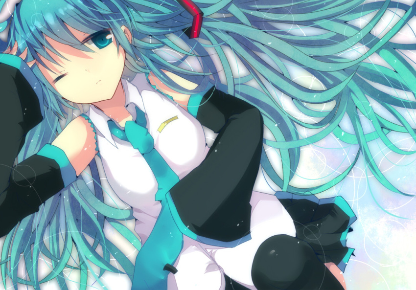 aqua_eyes aqua_hair bad_id bad_pixiv_id detached_sleeves female from_above hatsune_miku long_hair lying necktie on_back shimotsuki_eri solo twintails very_long_hair vocaloid