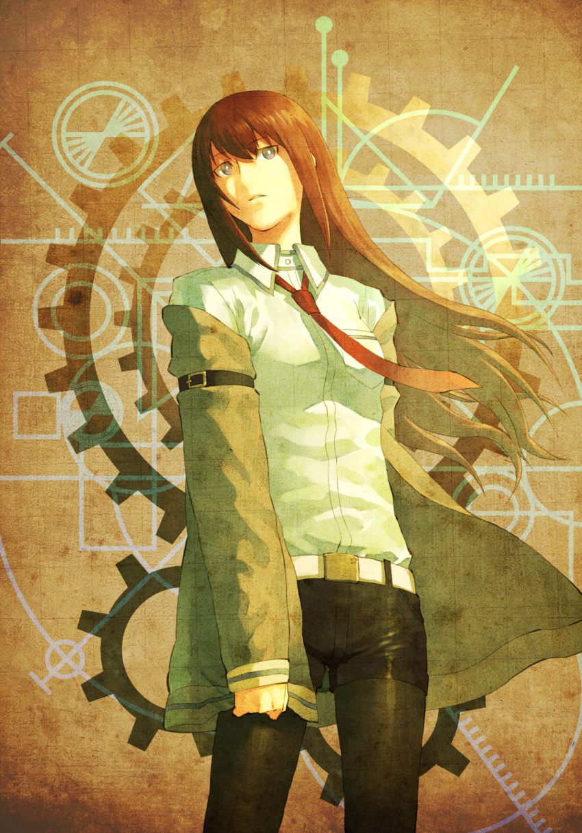 bad_id bad_pixiv_id black_shorts blue_eyes brown_hair female gears highres jacket long_hair makise_kurisu necktie om_(carbohydratism) pantyhose pantyhose_under_shorts short_shorts shorts solo standing steins;gate