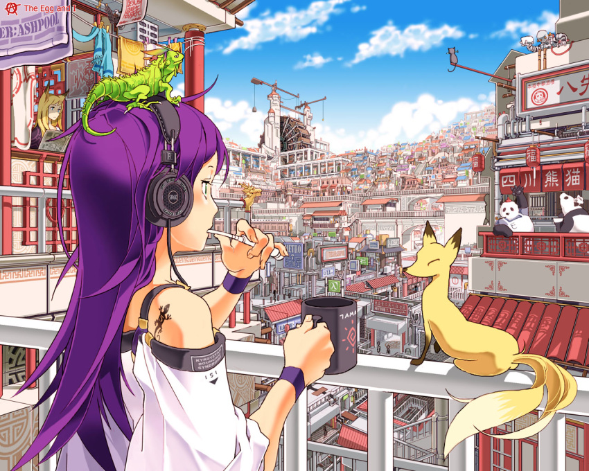 2girls animal animal_ears animal_on_head architecture bad_id balcony bare_shoulders billboard blonde_hair brushing_teeth circle_a cityscape clothesline cloud crane_(machine) cup day east_asian_architecture feline fox fox_ears from_behind grado_labs half-life_(series) half-life_2 headphones iguana lantern lizard logo long_hair mug mug_writing multiple_girls newspaper on_head original outdoors panda paper_lantern photoshop_(medium) print_mug profile purple_hair railing reading robot scenery tattoo toothbrush water_wheel wristband