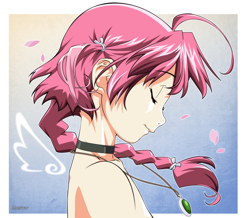 bad_id bad_pixiv_id bare_shoulders braid choker closed_eyes derivative_work female highres jewelry morrow_(hitodama-x) nakahara_komugi neck necklace nurse_witch_komugi-chan pendant petals pink_hair profile short_hair solo upper_body vector_trace watanabe_akio