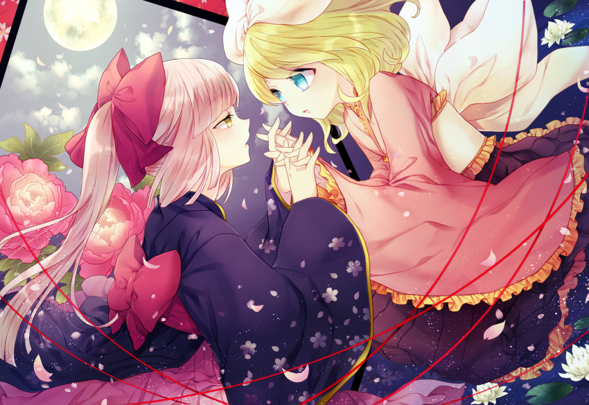 2girls absurdres aqua_eyes blonde_hair blunt_bangs blunt_ends cloud cloudy_sky eye_contact face-to-face falling_petals flower frilled_sleeves frills hair_ribbon half-closed_eyes hands_up highres holding_hands interlocked_fingers japanese_clothes kagamine_rin kimono lily_pad long_hair long_sleeves looking_at_another moon multiple_girls nekomura_iroha night parted_lips peony_(flower) petals pink_flower pink_hair renta_(deja-vu) ribbon short_hair sky vocaloid water water_lily_flower white_flower wide_sleeves yellow_eyes yuri