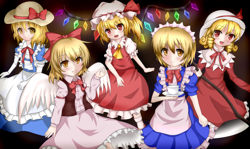 5girls ascot blonde_hair bow color_connection commentary_request cup elbow_gloves elly_(touhou) flandre_scarlet gengetsu_(touhou) gloves hair_color_connection hat highres kana_anaberal look-alike maid maid_headdress mugetsu_(touhou) multiple_girls oerba_yun_fang red_bow red_eyes ribbon saucer scythe short_hair teacup touhou touhou_(pc-98) wings yellow_eyes yuyumi_(yuurei)