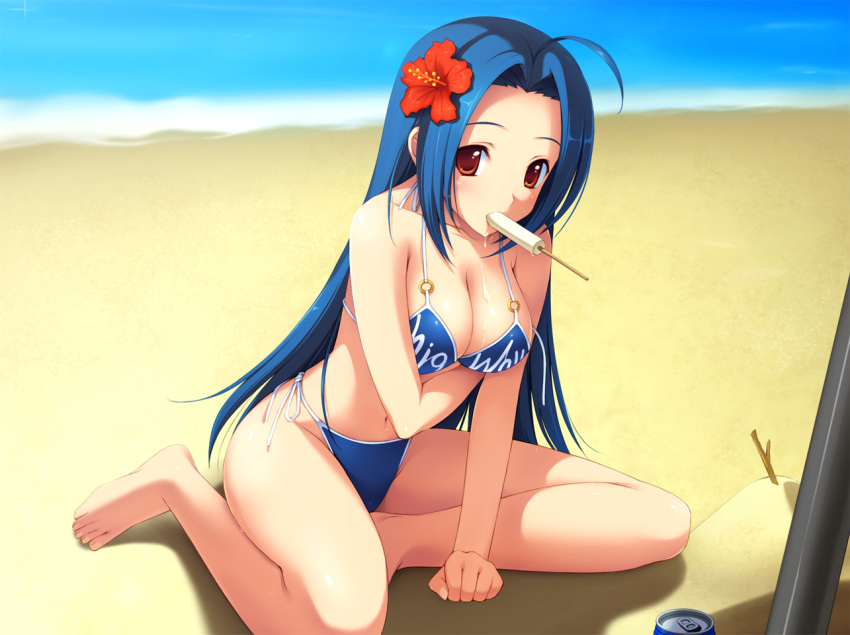 bad_id bad_pixiv_id barefoot beach bikini blue_bikini blue_hair breasts can cleavage cygnus_(cygnus7) day drink_can female flower food gravure_swimsuit_(idolmaster) hair_flower hair_ornament hibiscus idolmaster idolmaster_(classic) large_breasts miura_azusa mouth_hold navel outdoors photoshop_(medium) popsicle red_eyes revision side-tie_bikini_bottom sitting soda_can solo swimsuit water