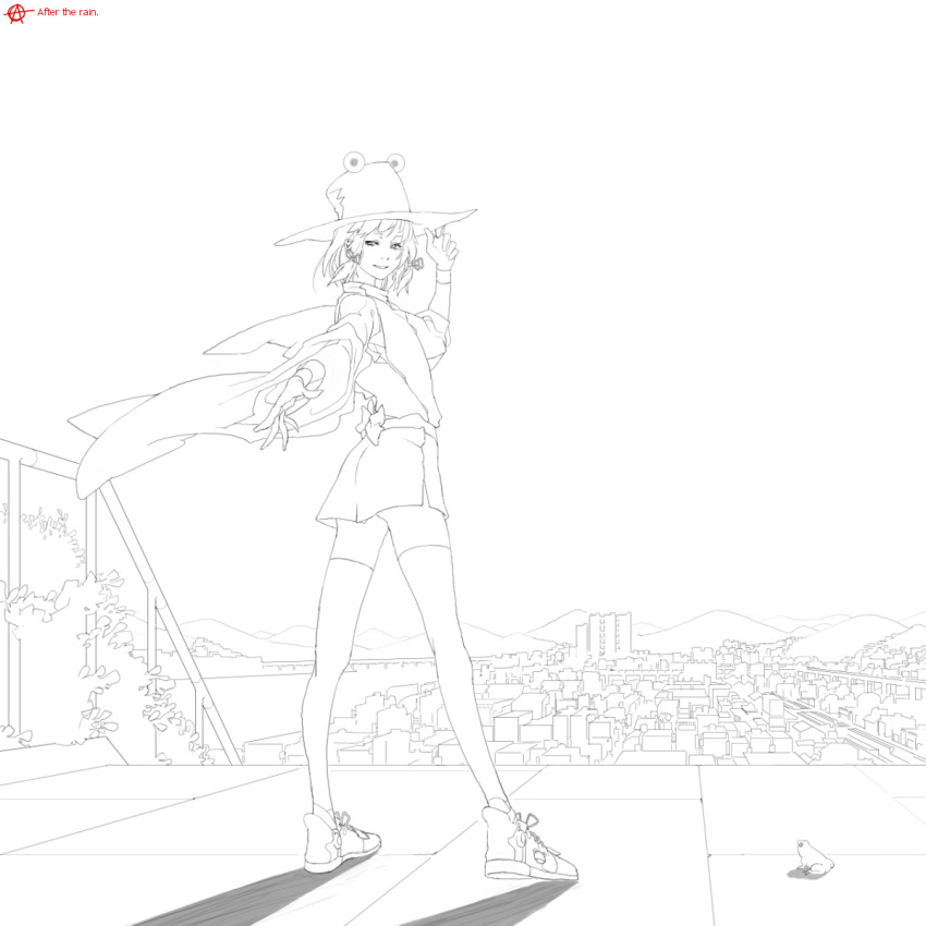 bad_id circle_a cityscape female frog greyscale hand_on_headwear highres legs line_art looking_back monochrome moriya_suwako photoshop_(medium) pyonta shoes sneakers solo touhou wristband