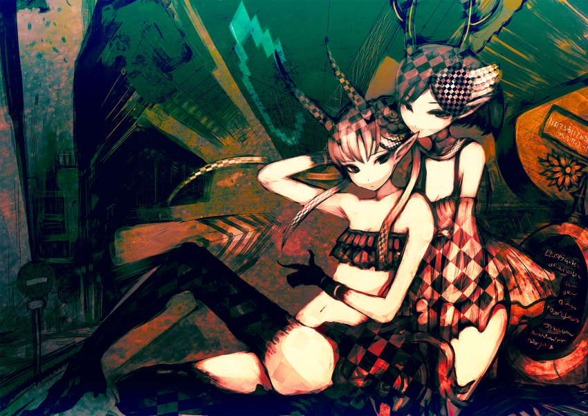 2girls antlers bad_id bad_pixiv_id bare_shoulders brown_hair c_(control) checkered checkered_horns choker cong1991 dress flower gloves hair_flower hair_ornament head_wings highres horns long_hair mashu_(control) midriff multiple_girls navel pointy_ears q_(control) short_hair skirt strapless thighhighs tube_top twintails wings